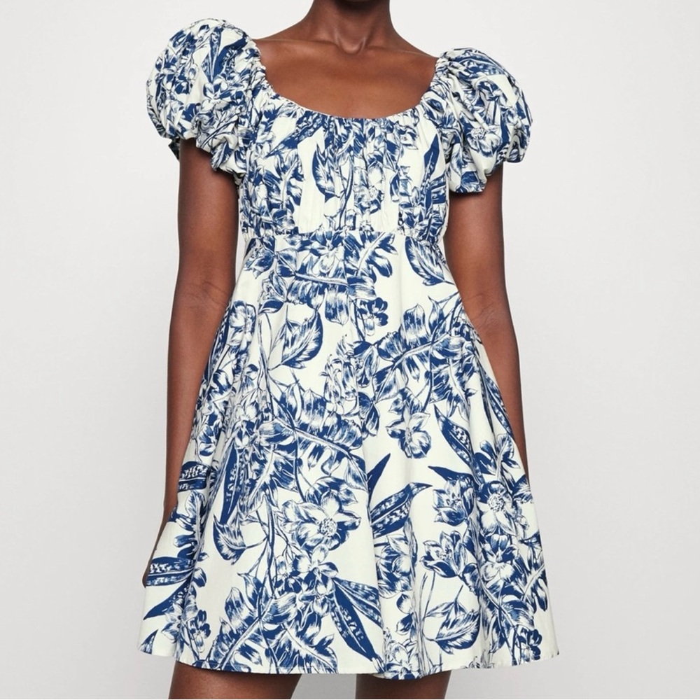 Abercrombie & Fitch Blue and White Puff Sleeve Mini Dress